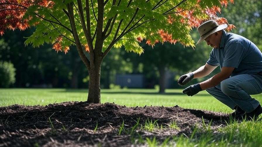 Gardener conducting soil test near maple tree root zone for fertilization"