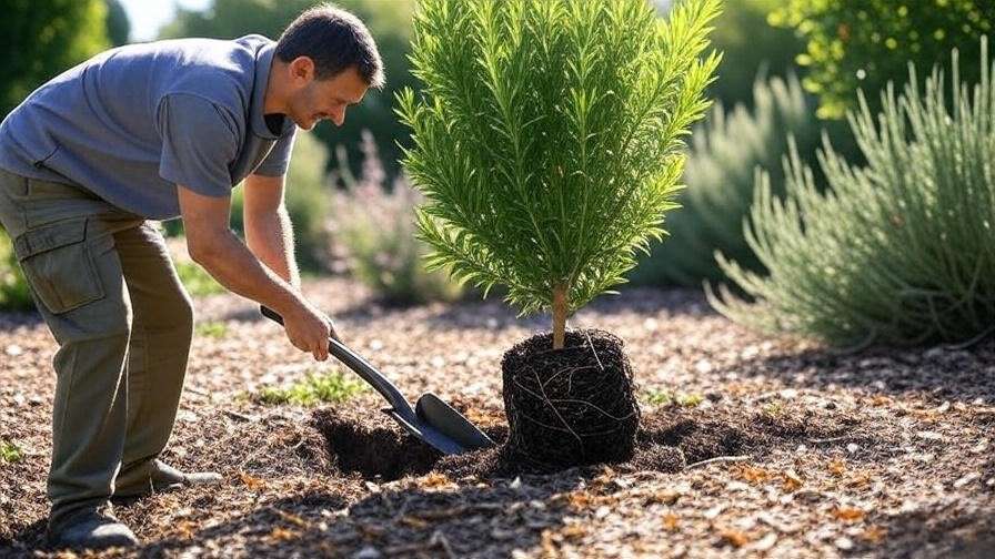 Step-by-step planting of a willow myrtle tree in a sunny garden with mulch and native plants.