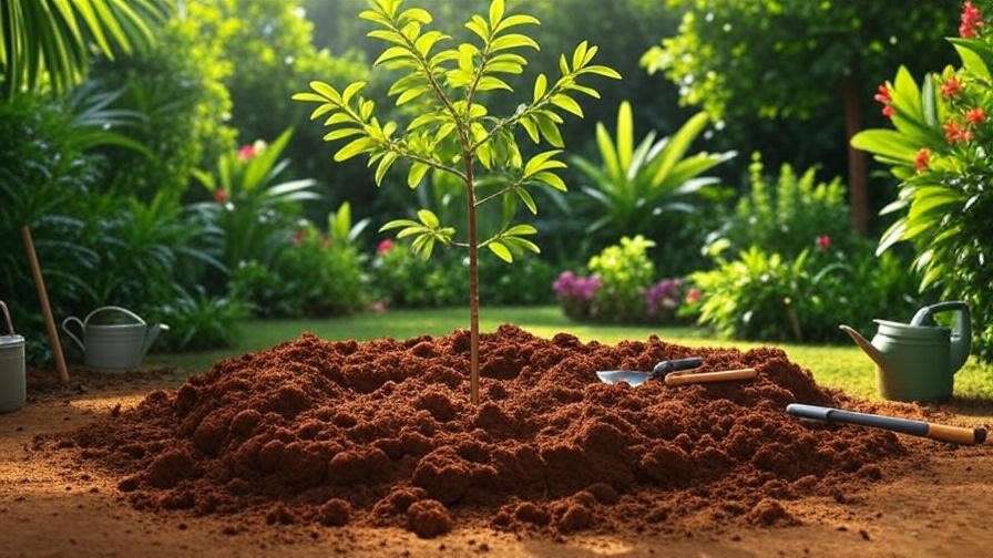 Close-up of a balete tree sapling being planted with compost and gardening tools in a tropical garden."