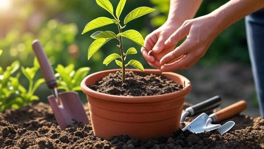 Step-by-step planting of a potted fruit tree with soil, watering, and gardening tools."