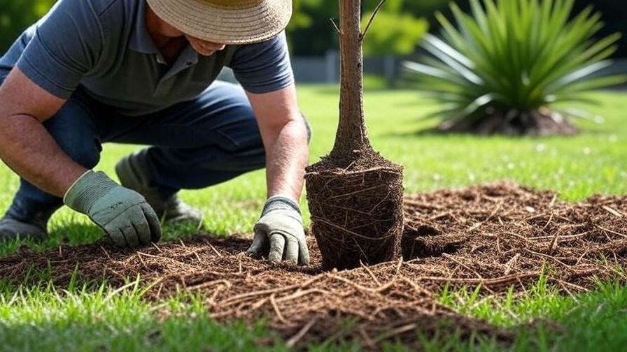 Step-by-step planting of a Queensland bottle tree in a sunny garden with mulch