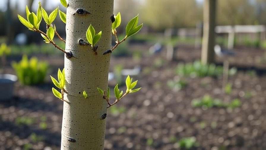Close-up of a Swedish aspen tree trunk with young leaves and mulch in a spring garden".