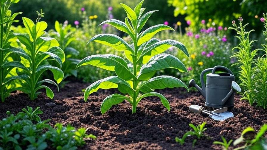 Step-by-step planting of a tobacco tree seedling with watering can in a sunny garden.
