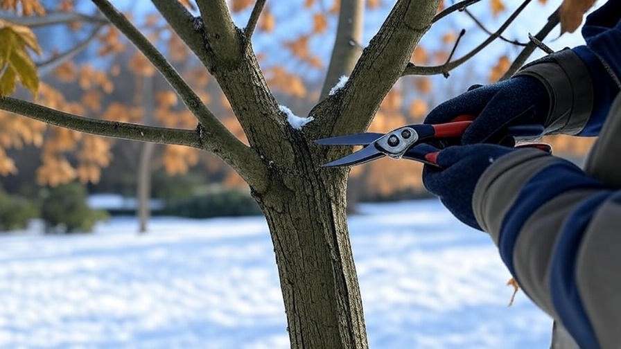 Person pruning a maple tree with shears in late winter, snowy ground, clear sky."