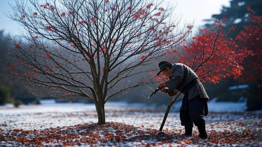 Gardener pruning Japanese maple tree with precision in late winter."