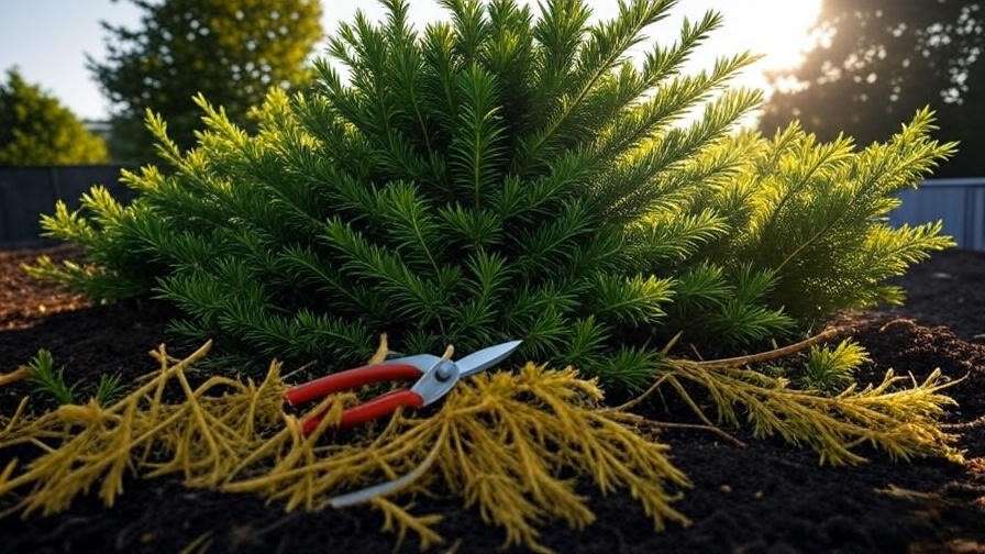 Pruning and soil amendment to revive yellowing Fir Tree Noble in home garden