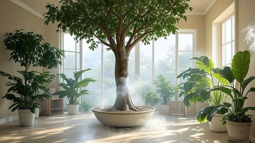 "Ficus Audrey tree with a humidifier and mist in a bright room with other indoor plants".