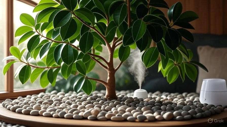 Ficus tree with pebble tray and humidifier for optimal humidity."