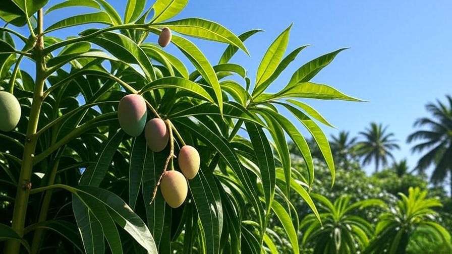 Healthy mango tree thriving in full sunlight with ripe fruit in a tropical setting."