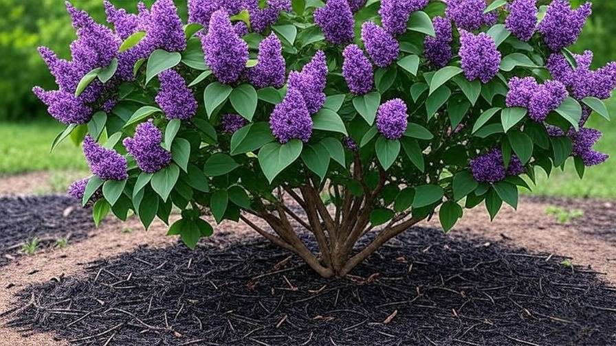 "Close-up of a Korean lilac tree with purple blooms and mulch in a garden."