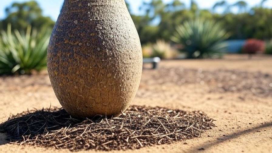 Close-up of Queensland bottle tree trunk with sandy soil and mulch in a sunny garden.