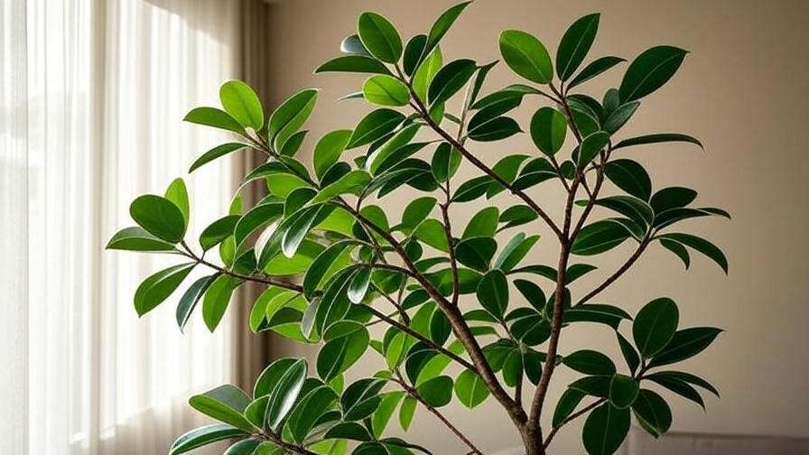 "Close-up of a healthy Ficus Audrey tree under bright indirect light in a modern indoor setting".