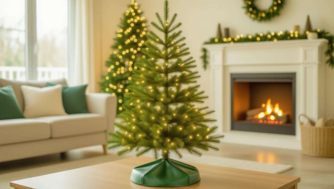 Douglas fir Christmas tree in a stand with water reservoir, decorated with LED lights away from fireplace".