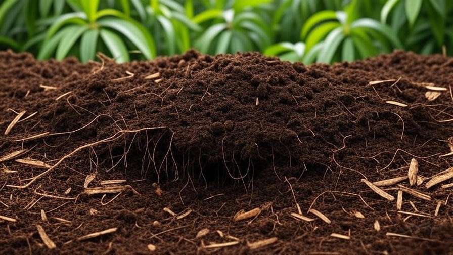 Close-up of fertile soil with compost and mulch for mango tree blooming".