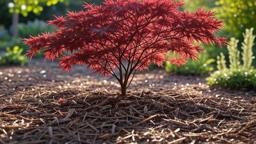 Potted Japanese maple under morning sunlight with partial shade and mulch."