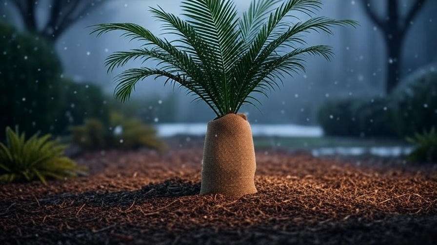 "Fern palm tree protected with burlap and mulch during winter."