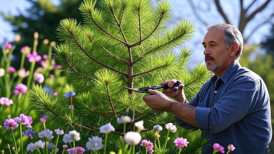 Gardener pruning a pine tree in early spring with new candles emerging".