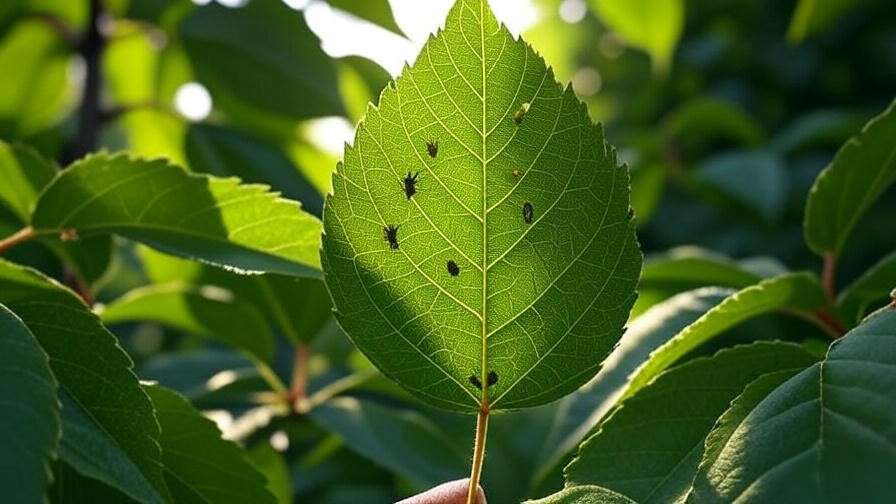 Cherry tree leaf with aphids under magnifying glass in outdoor setting"