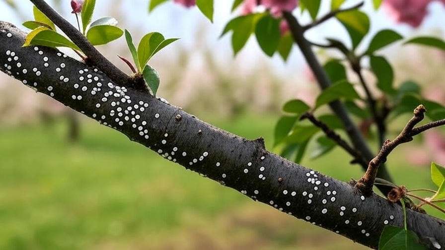 Close-up of cherry tree branch with grape scale infestation and healthy blossoms".