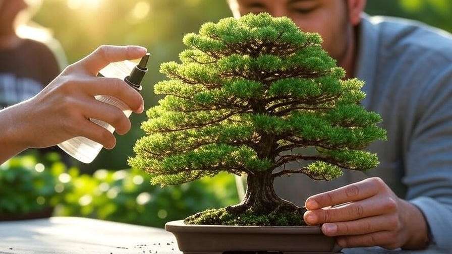 Hinoki cypress bonsai tree with spider mite webbing being treated with neem oil spray"
