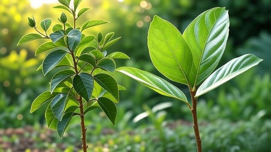 Single hibiscus tree with pest-damaged leaves next to a healthy leaf in a tropical garden."