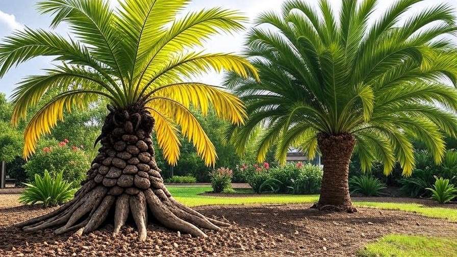 "Palm tree with root rot next to a healthy palm in a mulched garden"