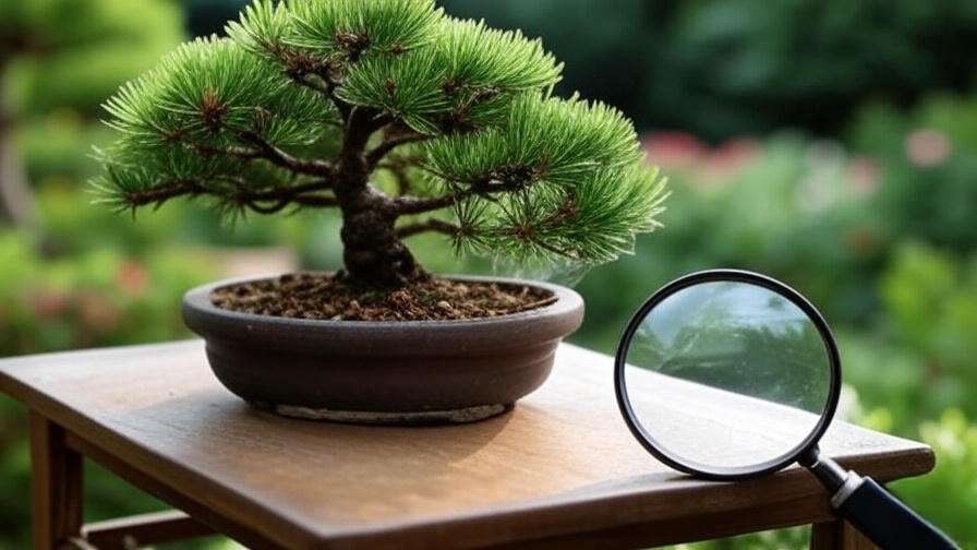 Close-up of spruce bonsai with spider mite webbing, magnifying glass nearby."