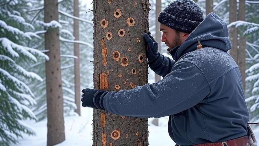 Arborist inspecting spruce tree for bark beetle damage with pitch tubes in snowy Alaskan woodland."