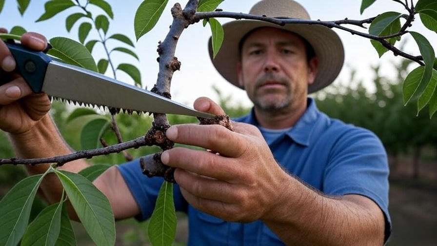 Gardener removing diseased cherry tree branch with pruning saw.