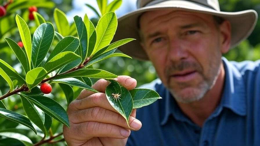 Gardener inspecting Savannah Holly Tree leaf for spider mites with magnifying glass."