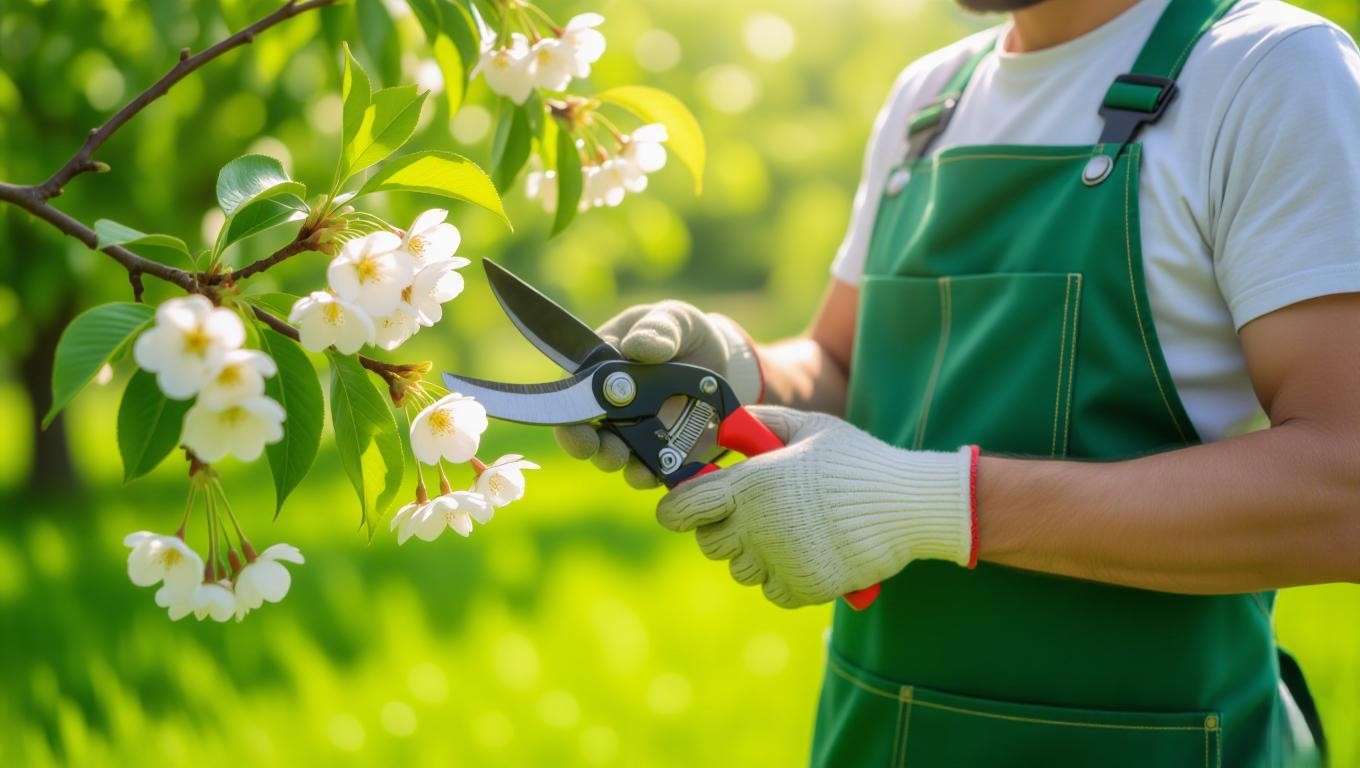 "Gardener pruning a cherry tree branch with sterilized shears to treat stem canker in daylight."