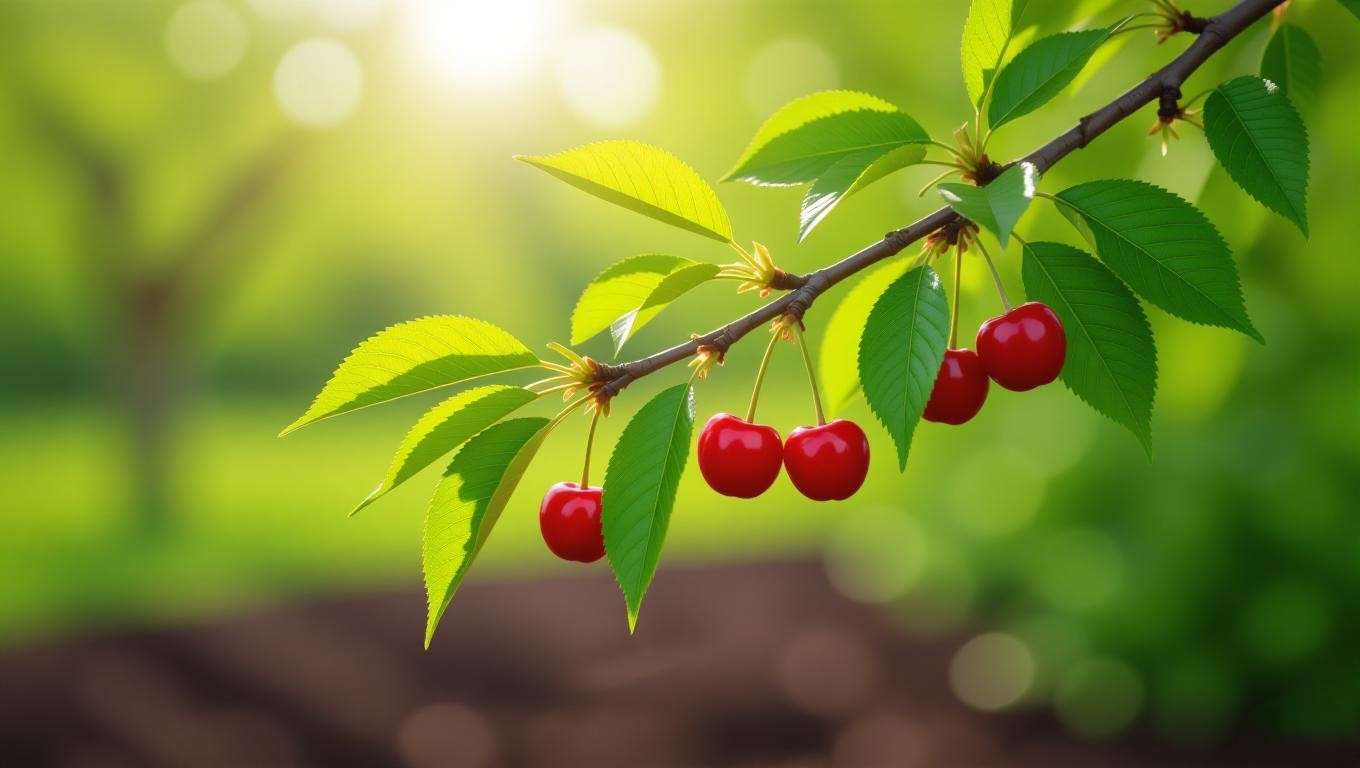 Healthy cherry tree branch with new growth and ripe cherries after pruning recovery".