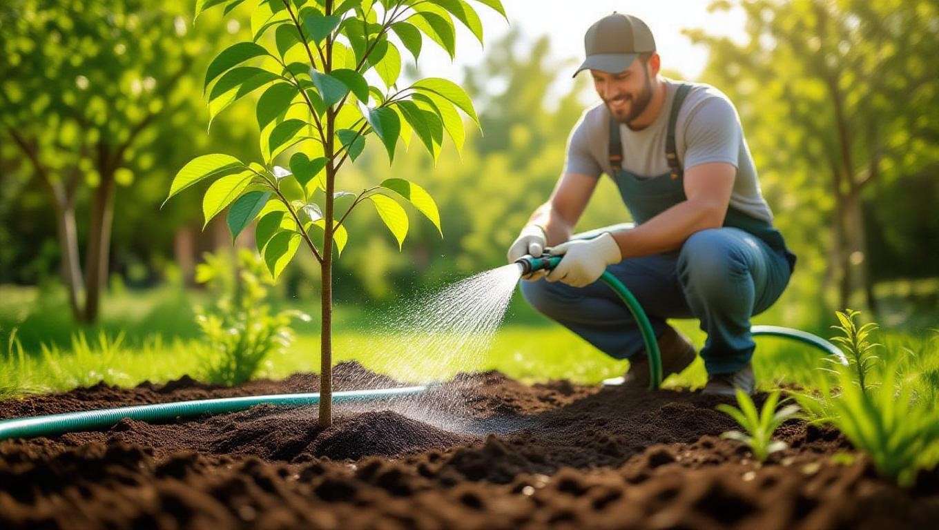 Gardener watering a cherry tree with a soaker hose and mulch in a healthy garden