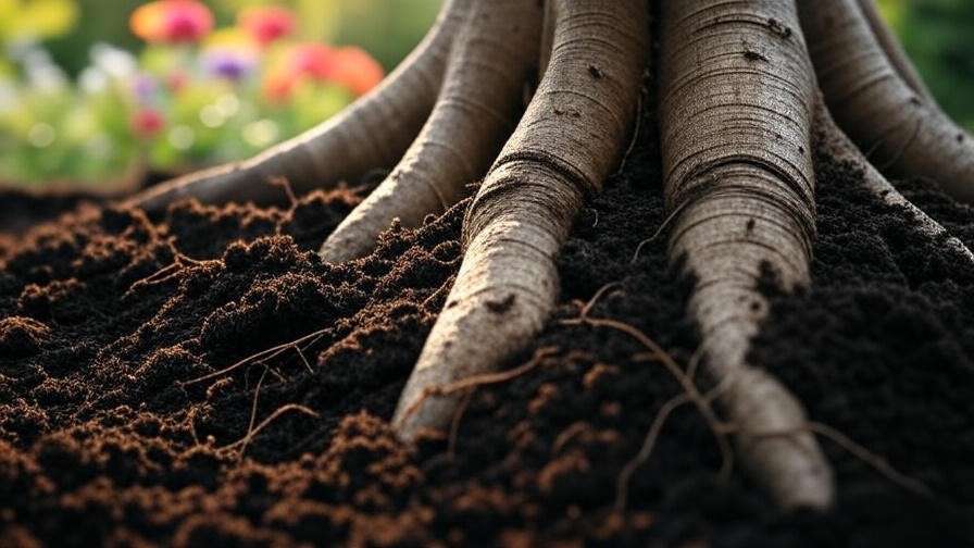Close-up of tree roots with soil tester and compost in a vibrant garden for improving soil quality."