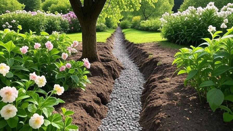 Improved drainage trench and gravel around a tree with aerated soil and flowers".