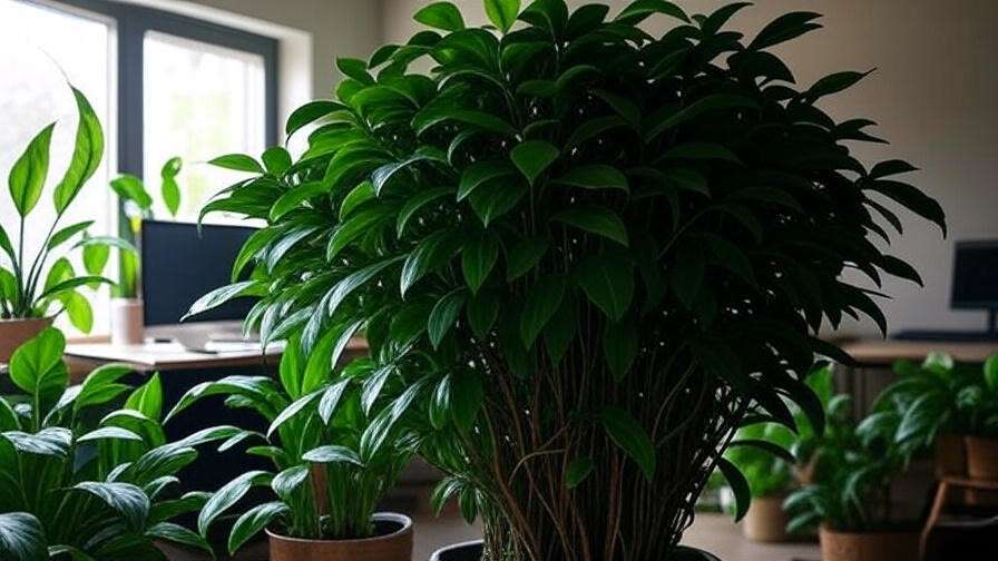 "Money tree and peace lily in a bright home office improving air quality
