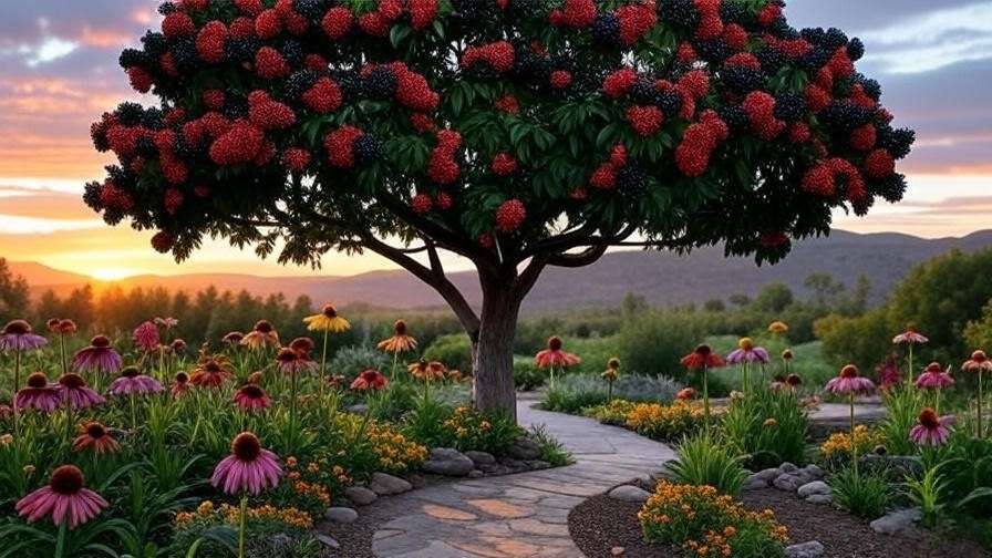 "Mature cascara tree with berries in a native garden with perennials and a stone path."