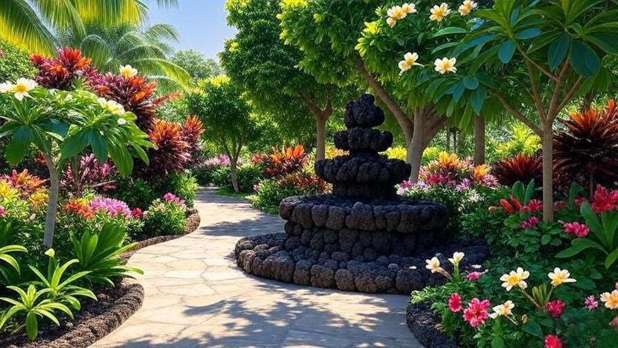 Tropical garden with pathway and fountain lined by Plumeria and Hibiscus Trees.