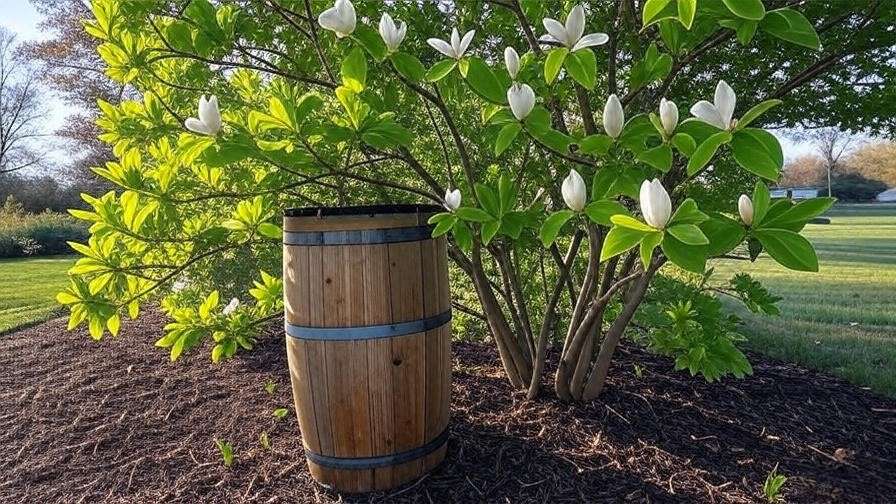 Rainwater harvesting setup with magnolia tree in a lush garden"