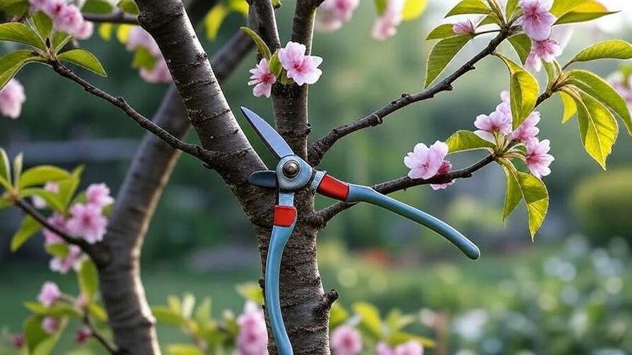 Cherry tree being pruned with sanitized tools showing proper cuts".