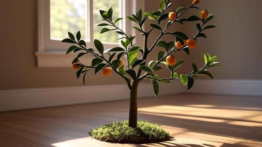 Miniature orange tree indoors near a window with humidifier and grow light."