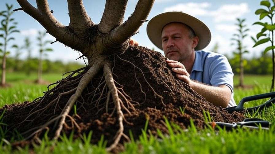 Gardener inspecting bare root apple tree roots in sunny orchard".