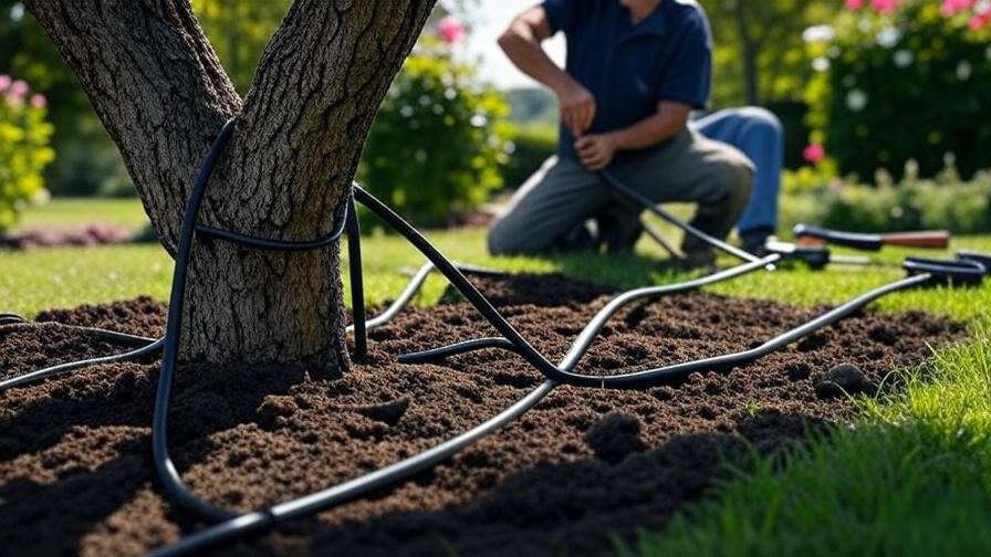 Step-by-step drip irrigation installation around mature tree"
