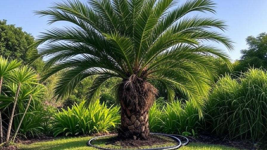 Palm tree with soaker hose watering root zone and Liriope plants"