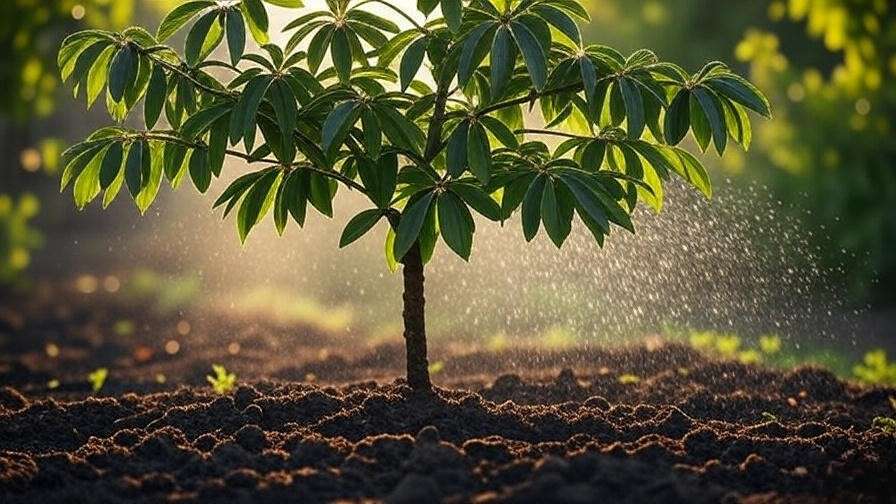 Chestnut tree with glossy leaves under drip irrigation system".