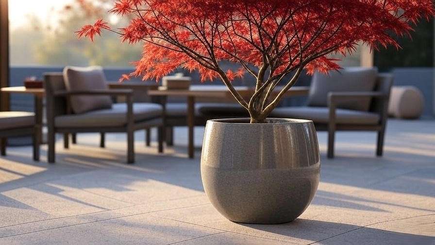 Japanese maple with red foliage in a modern pot on a patio with seating area"
