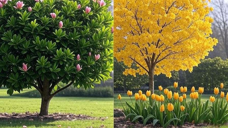 Comparison of magnolia tree with pink blossoms and tulip tree with yellow fall foliage in a garden setting"