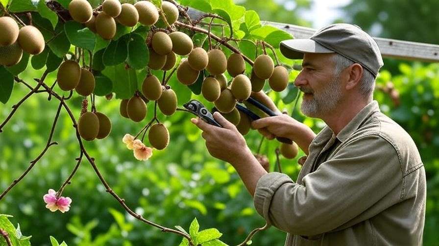 Kiwi vine trellis with green fruits and gardener pruning