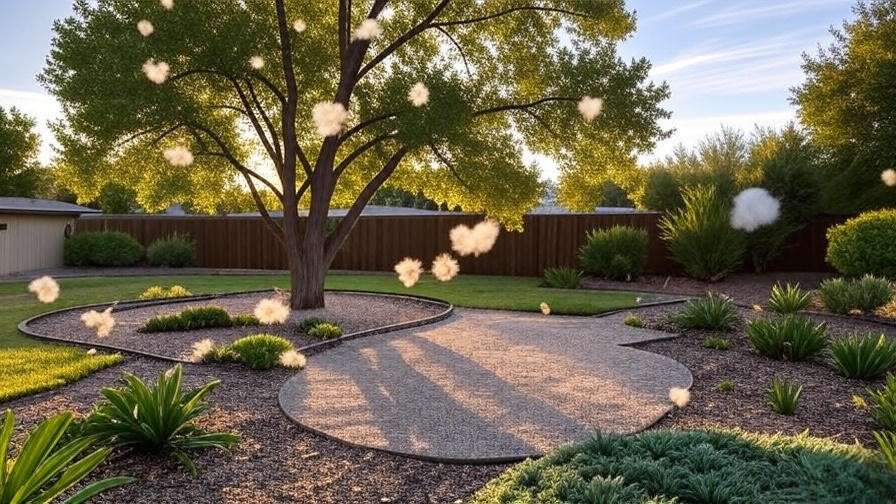 "Yard with cottonwood tree, gravel patio, and ground cover plants during golden hour."