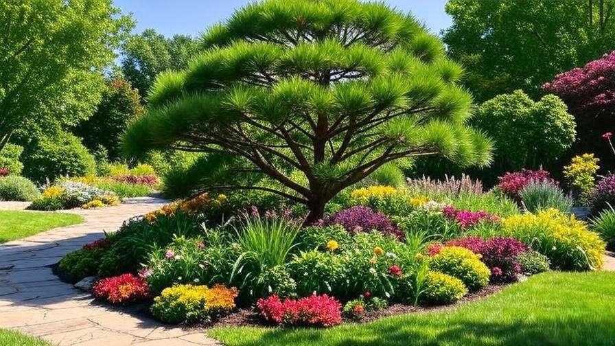 "Well-pruned pine tree as a centerpiece in a colorful garden landscape".